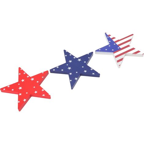 Set aus 3 Holzklötzen in Form eines patriotischen Sterns zum Unabhängigkeitstag, Pentagramm-Ornament zum 4. Juli, 150 mm (1/5)