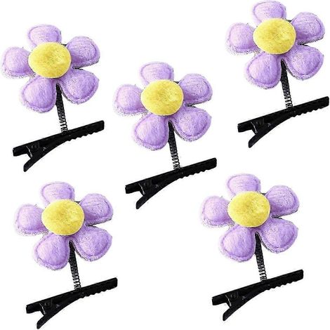 Lot de 5 pinces à cheveux amusantes pour enfants, motif ressort, double face, décorées de fleurs, antidérapantes et résistantes à la rouille.-5pcs-Purple (1/5)