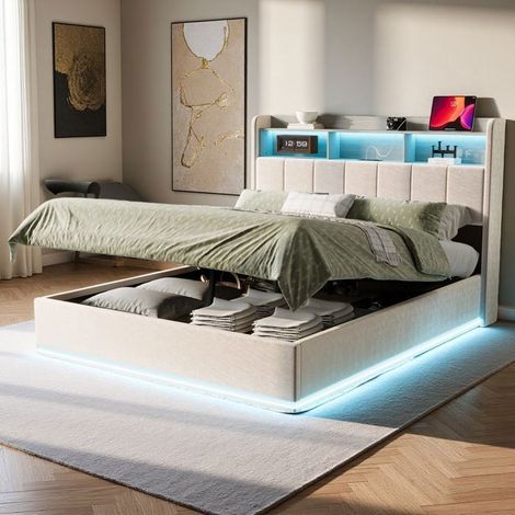 Letto con contenitore 160x200 cm - LED RGB - Porta USB Type-C - Velluto bianco - Stile moderno