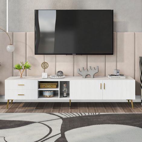 Meuble TV bas moderne blanc pour écran 75 pouces, console multimédia avec rangements, meuble télévision 180x35x41cm (1/5)