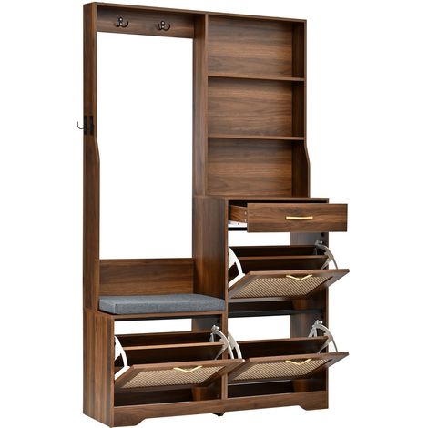 Armario recibidor con banco zapatero y perchero 100x30x170 cm MDF color nogal HOMVRA (1/5)