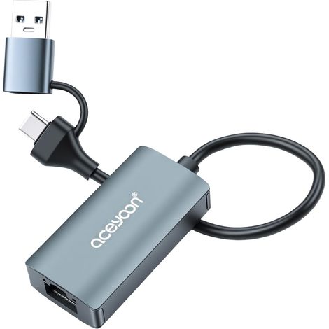 Adaptateur USB C vers Ethernet 1G, USB/Type C 2 en 1 USB vers RJ45 Gigabit LAN (1000 Mbps) Adaptateur réseau en alliage d'aluminium Adaptateur USB LAN pour ordinateur portable (1/5)