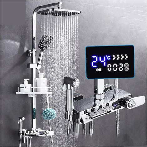 Ensemble de douche mitigeur thermostatique intelligent Ensemble de robinet de douche à affichage numérique thermostatique en laiton noir, colonne de douche à effet pluie, montage mural thermostatique (1/5)