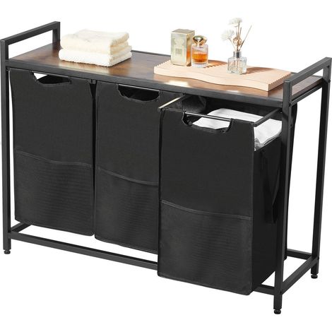 Trier le Linge 3 Compartiments avec Cadre Métallique et Plateau en Bois, Panier à Linge Autonome avec Sacs en Tissu Oxford 600D (1/5)