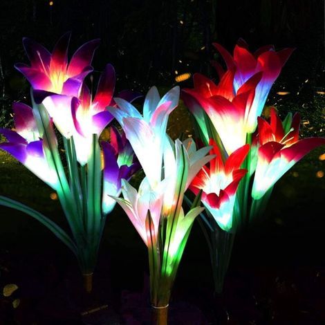 Solar Lights Outdoor, 3 Pack Solar Garden Lights with 12 Lily Flowers LED Bulbs Decoration for Patio Landscape Driveway (1/4)
