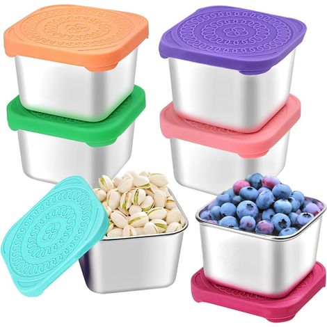 Ensemble de 6 boîtes à goûter en acier inoxydable de 170 ml (6 oz) pour enfants, faciles à ouvrir, étanches et dotées de couvercles en silicone. Ces boîtes empilables sont idéales pour la garderie, l' (1/5)