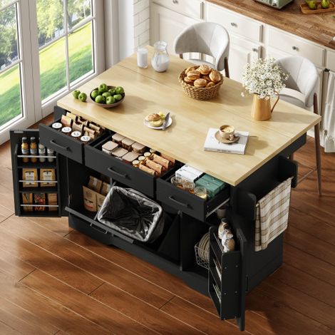 Îlot de cuisine mobile avec plan de travail rabattable, chariot de cuisine, armoire de rangement, armoire à poubelles, buffet avec étagère à épices, tiroir et roulettes, 120 × 45 (70) × 87 cm
