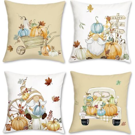 Fundas de cojín decorativas de otoño con gnomos y calabazas, 45 x 45 cm, estampado de camión y hojas de otoño, color naranja, para sofá, juego de 4 (1/4)