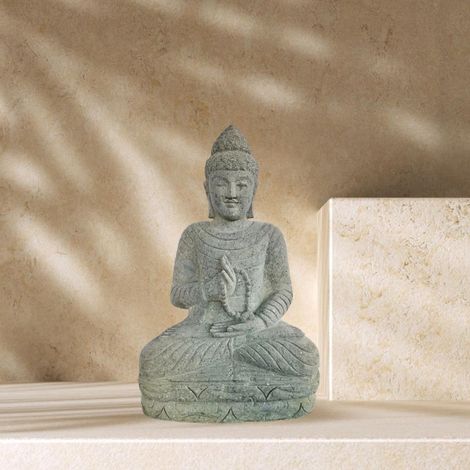 Sculpture de bouddha en pierre volcanique chakra et chapelet 80cm (1/4)