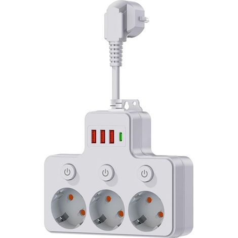 Multiprise USB avec interrupteur indépendant, multiprise 3/4 avec 3 ports USB (1 USB-C), protection contre les surtensions et les surtensions, montage mural, convient pour la maison ou le bureau, blan (1/5)