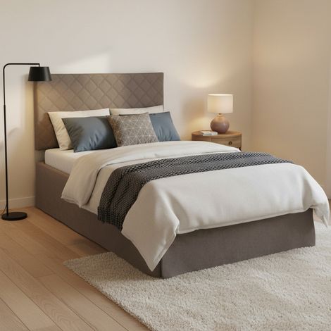 Talamo Italia - Letto piazza e mezza Anas, Set testata in ecopelle con rete ortopedica e mantovana, 100% Made in Italy, adatto a materasso da Cm 120x190, Tortora (1/5)