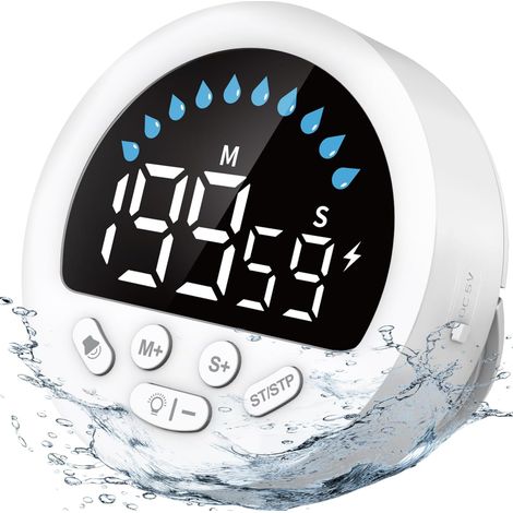 IPX5 Minuteur de douche étanche avec fonction compte à rebours et compteur, support mural avec ventouse, chronomètre avec corde de suspension pour cuisine, salle de bain, toilettes, piscine (1/5)