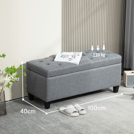 Sitzbank, Polsterbank mit Stauraum, leinenartiges Polyester, Kautschukholz, 100 x 40 x 44 cm, Hellgrau (1/5)
