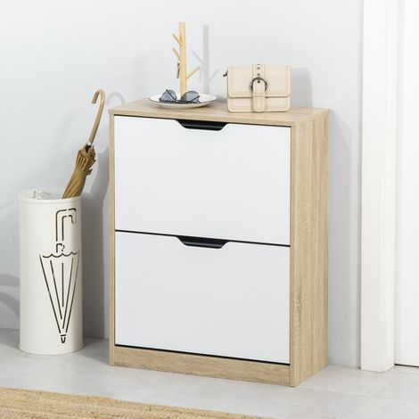 Schuhschrank aus Holz mit 2 Flügeltüren und 4 Regalböden für 8 Paar Schuhe, 62,5 x 26 x 81 cm, Weiß und Natur