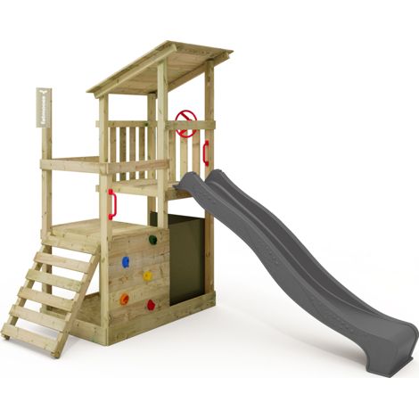 Fatmoose FruityForest Fun wooden play tower with slide and sandpit in anthracite