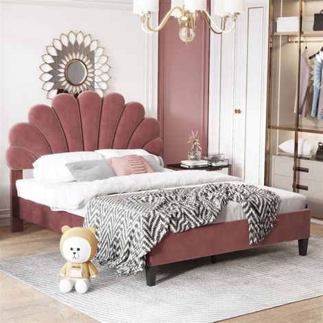 Lit double - GUTENT - 140 x 200 cm - Velours rouge bordeaux - Design moderne - 2 places (1/5)