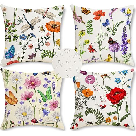 Coussin Exterieur Impermeable Coussin extérieur décoratif imperméable 4 Coussins 40 x 40 cm Coussins de Jardin Fleurs et Papillons résistant aux intempéries Housse de Coussins (1/5)