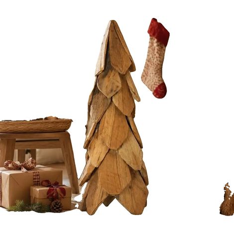 Árbol de Navidad, madera maciza de teca, base estable, marrón. (1/2)