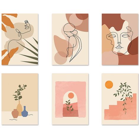 6 Pièces Impressions d'Art Mural Ligne Minimaliste Affiches d'Art Esthétique Moderne Abstrait Boho Art Mural de Dessin Géométrique de Paysage Visage de Femme sans Cadre, 20x25 CM (1/5)