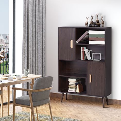Skandinavisches Bücherregal mit 4 Nischen und 2 Schränken mit Einlegeböden, Maße 80 x 24 x 123 cm (L x B x H). Schräge, sich verjüngende Beine. Massivholz und Wenge-Spanplatte.