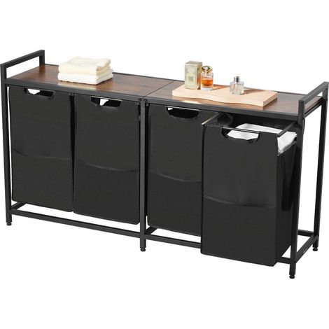 Trier le linge 4 sections, grand panier à linge avec cadre métal et plateau bois, organisateur de rangement autonome avec sacs (1/5)