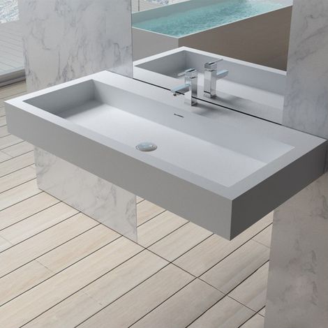 Distribain – Vasque suspendue solid surface 120cm – Finition blanc mat – Dimensions 1200 x 480 x 120 mm – Livrée avec fixations murales (1/3)