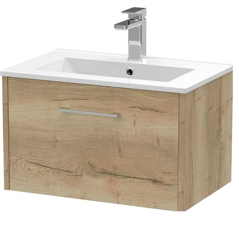 Winshill Contemporary 1 Drawer Wall Hung Vanity Unit with Minimalist Basin, Light Oak, 600mm