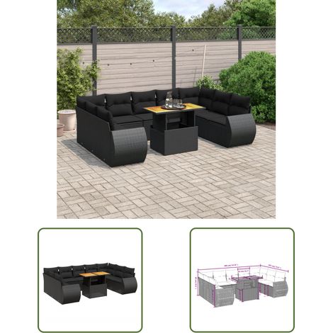 The Living Store 10-tlg. Garten-Sofagarnitur mit Kissen Schwarz Poly Rattan - Gartenmöbel Set - PE-Rattan Möbel - Outdoor Lounge - Gartenlounge - Balkonmöbel (1/3)