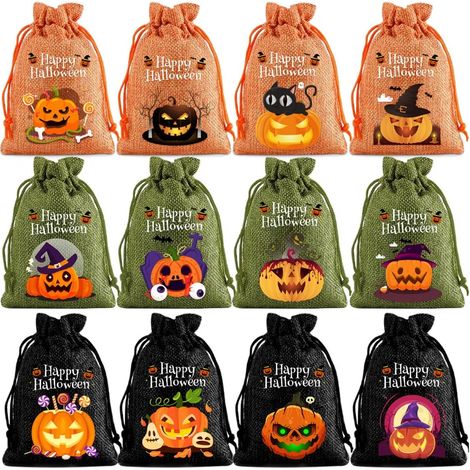 Sachets à friandises d'Halloween, 12 mini sacs cadeaux en toile de jute avec cordon de serrage et motif citrouille, pour bonbons et cadeaux de fête d'Halloween (1/5)