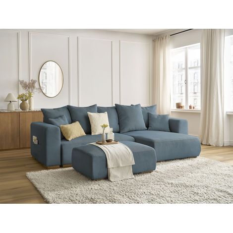 BOBOCHIC - Canapé d'angle convertible réversible coffre SIDONIE velours côtelé avec pouf Bleu foncé (1/5)