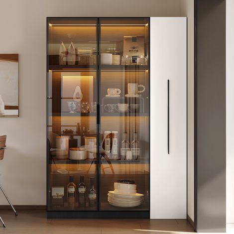Armoire multifonction 110,5 x 35 x 160cm vitrine LED porte vitrée, rouleau latéral design blanc noir pour salon et salle de bain