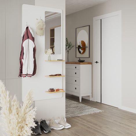 Perchero de pared Jochen, Blanco/roble, 70 x 150 cm con espejo, Vicco
