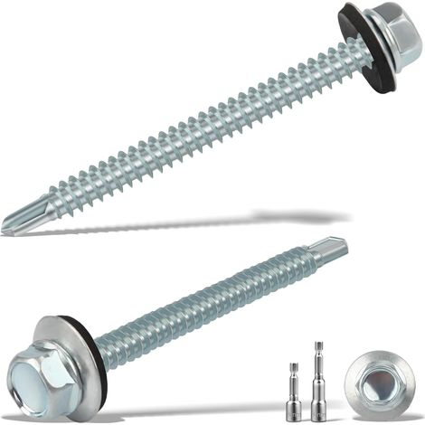 Lot de 100 vis auto-foreuses de 4,8 x 55 mm pour toiture en métal avec rondelles en caoutchouc, vis autotaraudeuses à tête hexagonale et 2 vis à six pans creux M8, fixations de toit ondulées en (1/5)