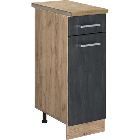 Meuble de cuisine avec tiroir R-Line, Béton noir, 30cm PT Chêne, Vicco