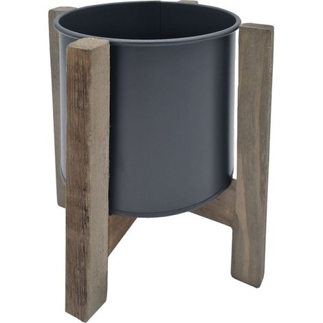 Metall Pflanztopf grau mit Holz Ständer - 20 cm - Runder Blumentopf mit eckigem Gestell