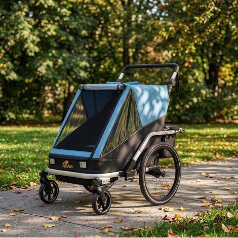 Remorque vélo enfant 2 places 2 en 1 pliable bleue OKWISH (1/5)