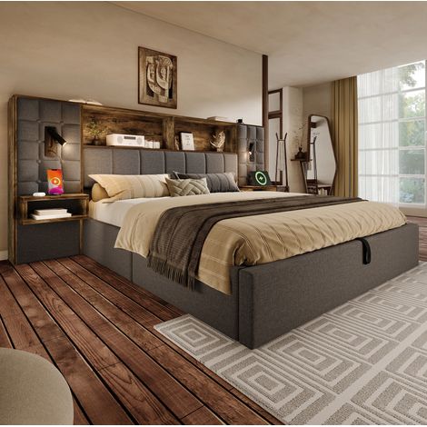 Lit capitonné vintage 160x200 cm gris en lin avec coffre, tête de lit étagère, liseuses, USB-C et chevets intégrés (1/5)