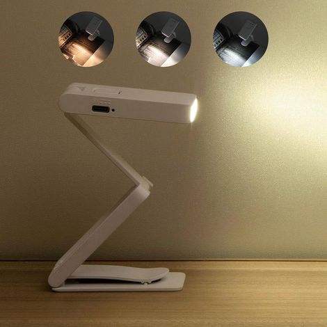 Faltbare Leselampe mit Clip, USB-aufladbar, Augenschutz, zur Befestigung an Büchern im Bett, tragbar, 3 Beleuchtungsmodi, weiß (1/4)