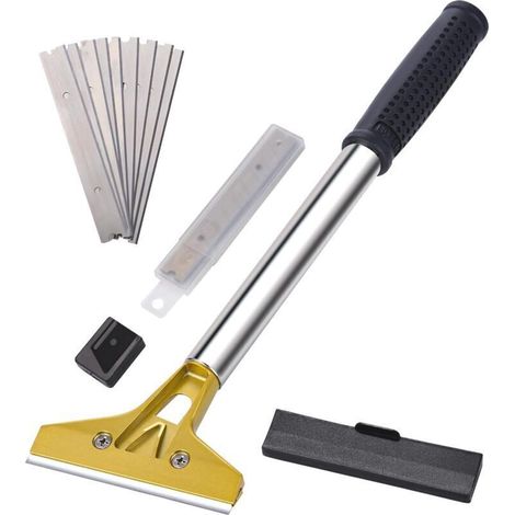 Spatule de nettoyage, grattoir outil de calfeutrage manche long 320 mm avec 10 lames inox 100 mm, pour carrelage, papier peint, colle, miroirs, poêles (1/5)