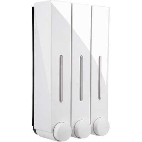 Dispenser doccia a parete monoblocco con contenitore - Contiene shampoo, sapone, balsamo, gel doccia, lozione - Scomparto trasparente, pulsante - Ogni scomparto contiene (bianco) - Tre tazze - 28 x 15 (1/5)