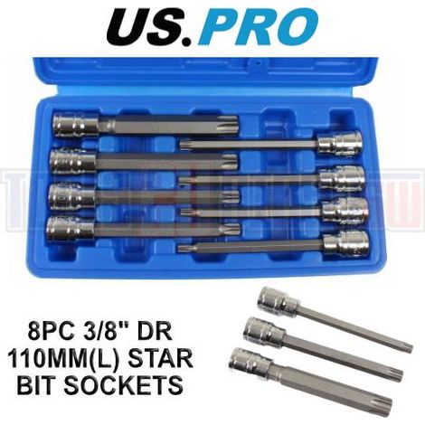 Us Pro Torx Bit Socket Set Spline Long 8pc 3/8"" Star T25 - T60 110MM 3303 (1/4)
