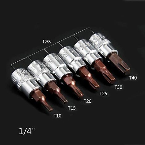 Kit de 6 tournevis Torx à tête hexagonale 1/4 pouce avec douilles T10, T15, T20, T25, T30 et T40. (1/4)