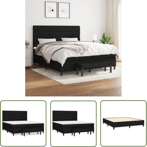 The Living Store Sommier à lattes de lit avec matelas Noir 180x200 cm Tissu - Lit Double - Lit Plateforme - Matelas Ressorts Ensachés - Têtière Ajustable - Banc Rangement (1/5)