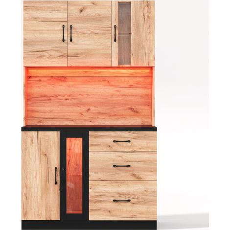 Mobile dispensa da cucina moderno 105 x 40 x 180 cm in MDF nero effetto legno con LED e prese EU (1/5)