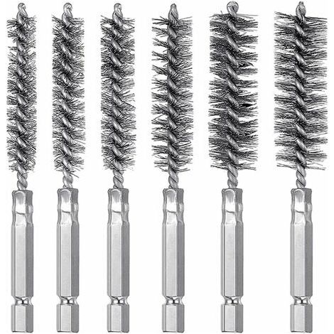 LAN Set de 6 pinceaux de trou métallique à poignée hexagonale en acier inoxydable, pinceau de pistolet à tige hexagonale polissage polissage pinceau de tuyau d'épines brosse en acier inoxydable brosse (1/5)