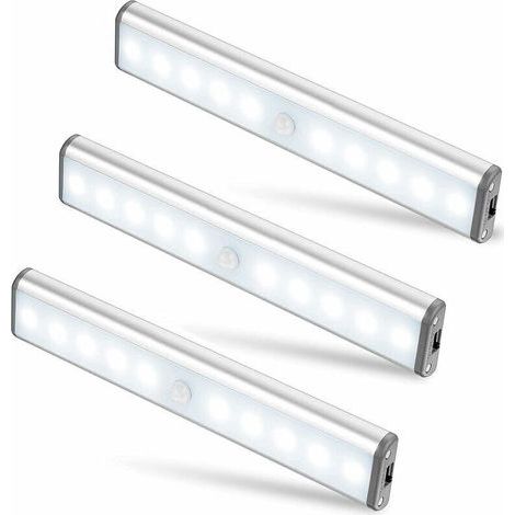Lot de 3 Lampes 10 LED, Sans Fil, Rechargeable par USB, Aimanté, Détecteur de Mouvement, 2 Modes d’éclairage, Portable. Lumière de Placard, Baladeuse de Secours, Veilleuse Enfant, Appoint … [Classe én (1/5)