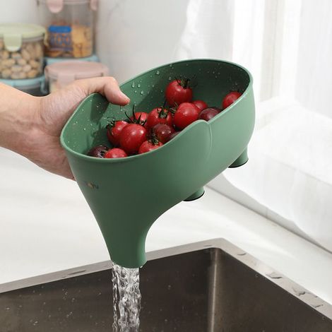 Panier égouttoir multifonction vert, 1 pièce, avec bec verseur pour laver fruits et légumes en cuisine (1/4)