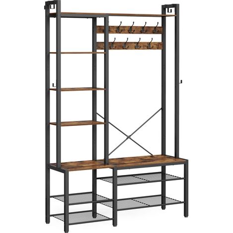 Porte-Manteau, Meuble d’Entrée, avec Porte-Chaussures, 5 Étagères de Rangement, 9 Patères et 6 Crochets Latéraux, 40 x 120 x 190 cm, Marron Rustique et Noir d’Encre HSR426B01 (1/5)