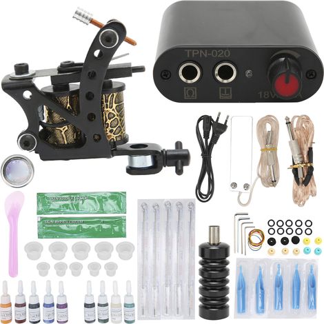 Mini alimentation 90-265V UE pour machine à tatouer, kit complet avec cordon clip et machine à bobines, matériel de tatouage pour débutant (1/5)