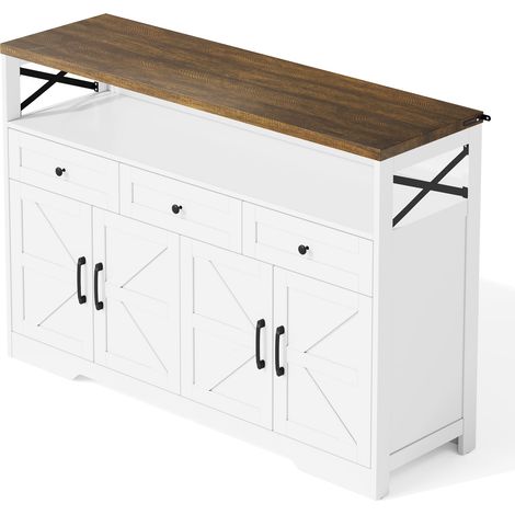 Buffet de rangement 140 cm avec espace de rangement, bar à café avec 3 tiroirs, console style campagne avec portes, meuble avec étagères, adapté à la cuisine, au salon, à l’entrée, style rustique blan (1/5)